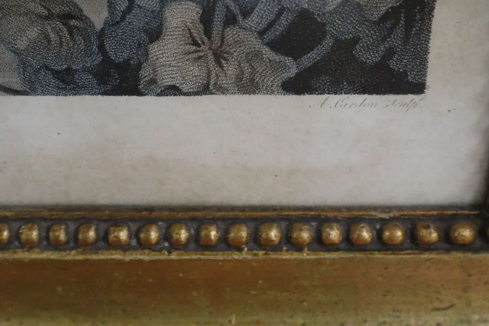 After F. Wheatley RA (1747-1801), Cupid Unveiling Venus, coloured engraving and another print, Campaspe